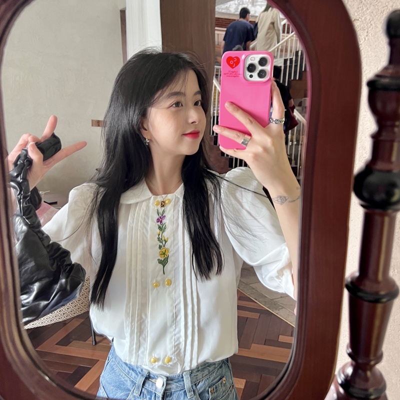 Áo Sơ Mi Ngắn Tay Cổ Búp Bê Thêu Họa Tiết Thời Trang Cho Nữ