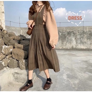 (CÓ SẲN BIGSIZE ) Set áo sơ mi yếm đầm nâu Vintage