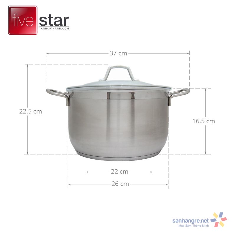 Nồi inox 3 đáy fivestar 26 cm 8 LÍT nấu được các loại bếp, hàng chính hãng, bảo hanh 5 năm