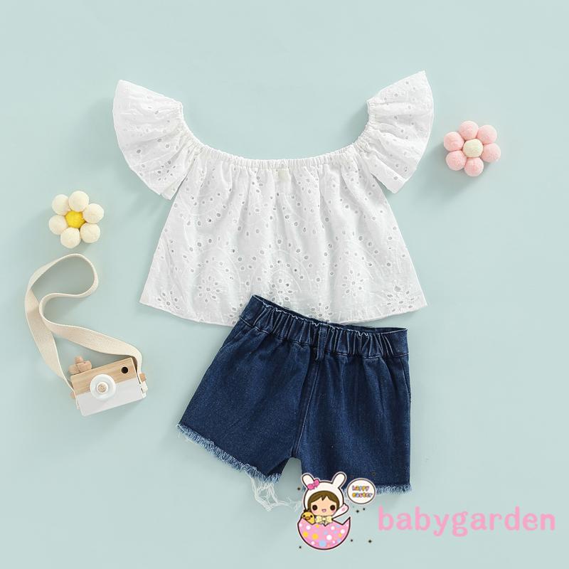 Bộ Áo Thun Trễ Vai Tay Ngắn + Quần Short Denim Thời Trang Mùa Hè Cho Bé Gái 6 Tháng Tuổi 4 Tuổi