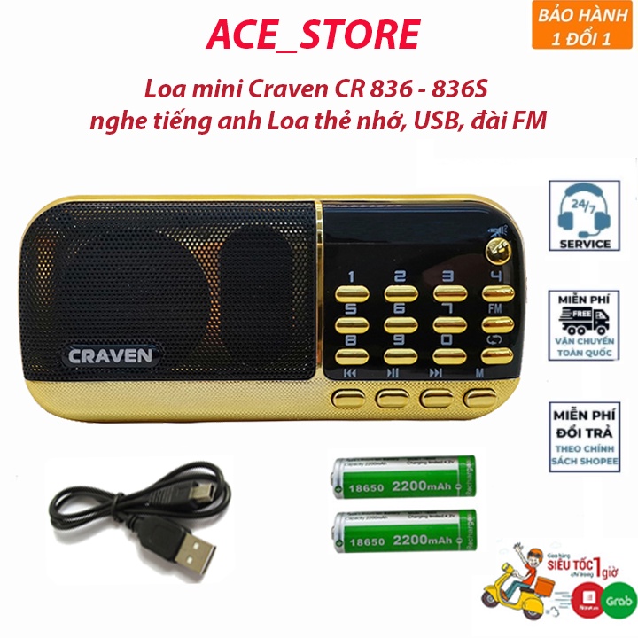 Loa mini Craven CR 836 - 836S  FREESHIP  nghe tiếng anh Loa thẻ nhớ, USB, đài FM, radio pin siêu trâu BH 6 tháng