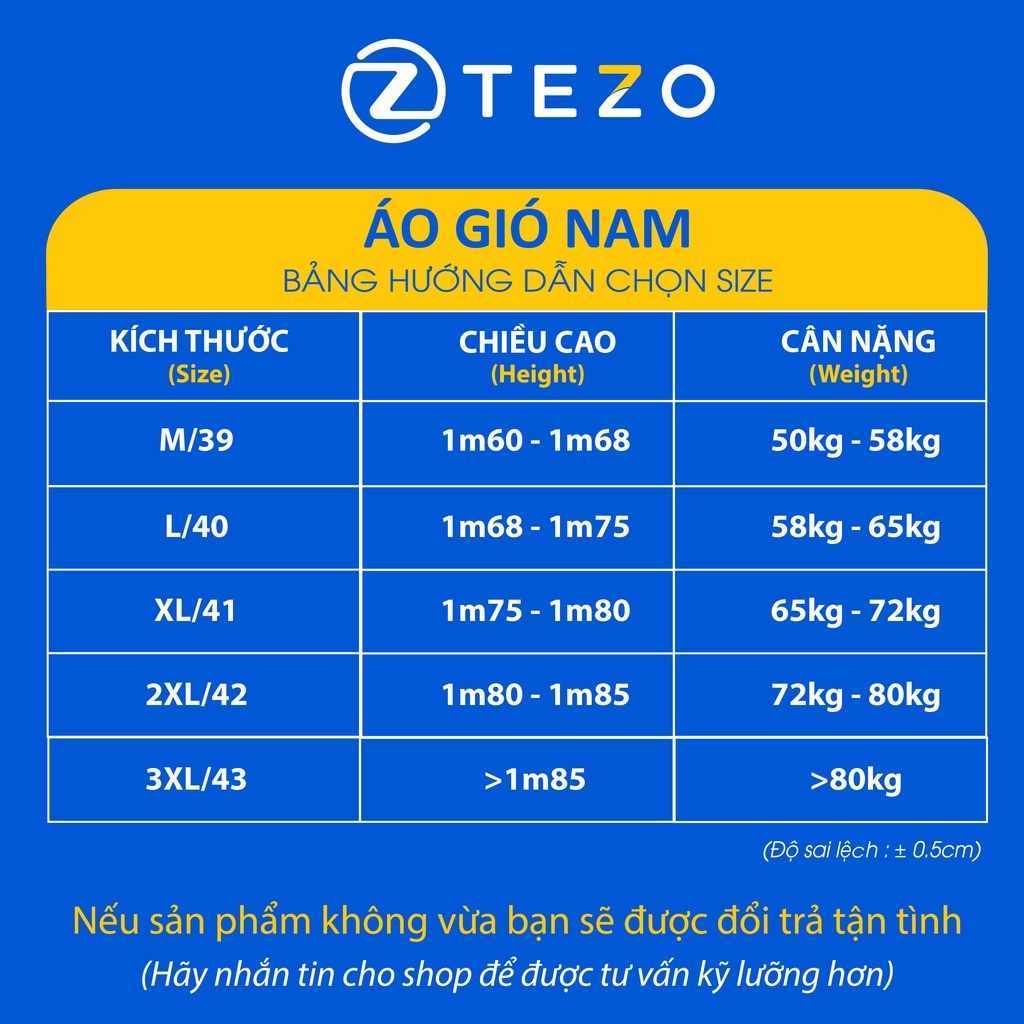 Áo gió nam cổ 5 phân lót lụa, in gáy Tezo chống thấm nước 22AG5T002