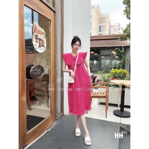 Váy suông kẻ caro hồng cổ bèo siêu hot