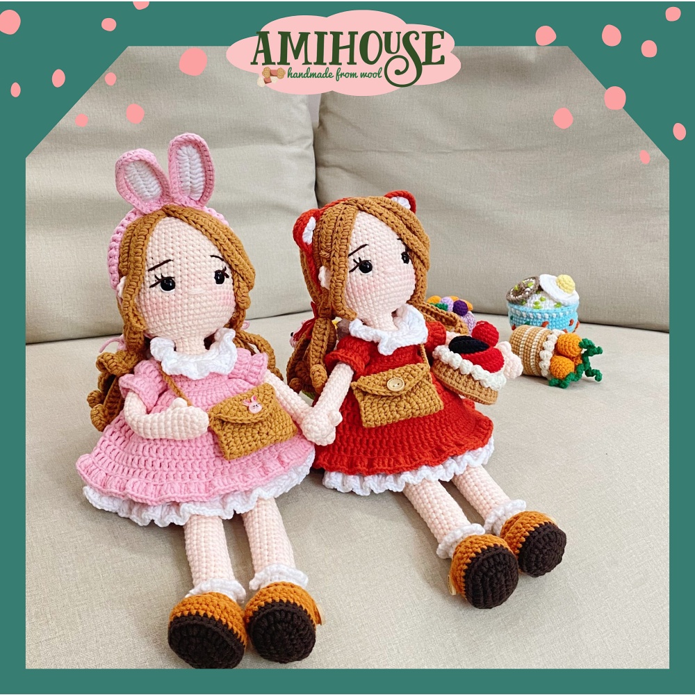 Búp bê Mia tai thỏ xinh xắn bằng len móc handmade,100% sợi cotton - Ami House