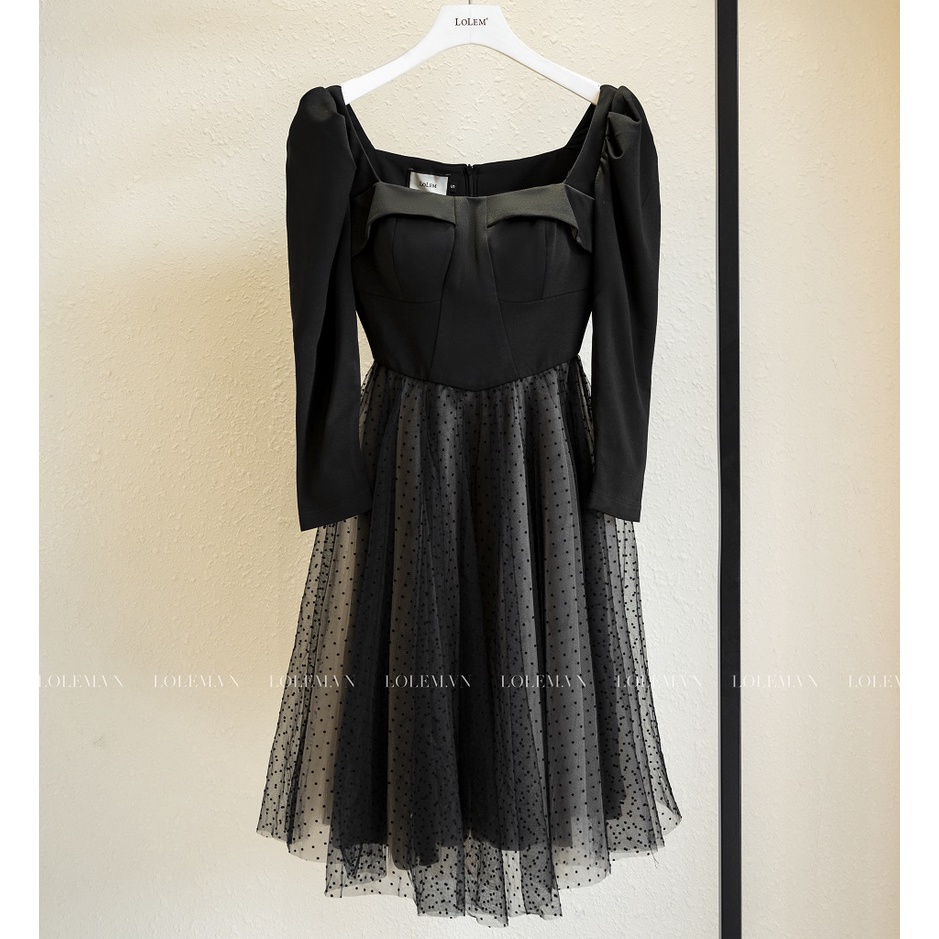 Đầm xòe LOLEM Clothing nữ cổ vuông chất umi dáng dài chân phối lưới tay dài xinh đẹp - Dx279