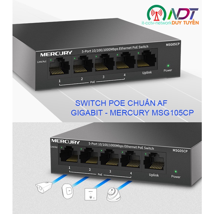 ✅ Switch POE af - 5 port Full Gigabit Mercury MSG05CP 43W Vỏ Thép - cấp nguồn poe wifi , camera