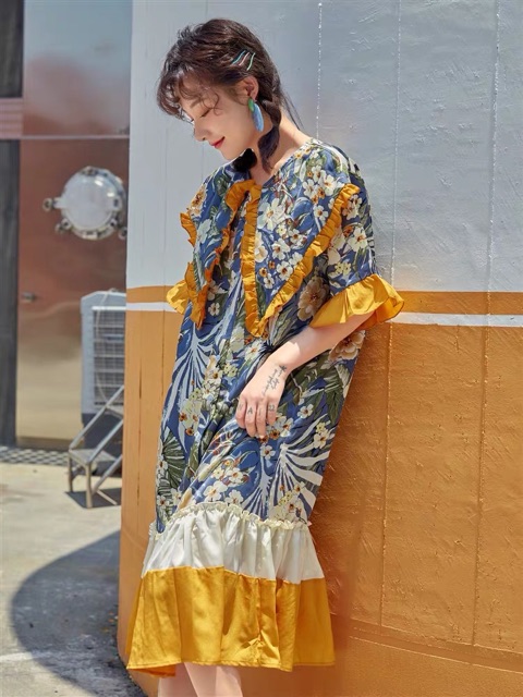Váy đầm boho hoa thổ cẩm đuôi cá phối bèo tiểu thư Pháp retro vintage