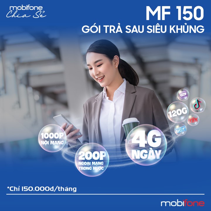 Sim 4G Mobifone MF150 Ưu Đãi 4GB/ tháng, 200p gọi ngoại mạng, 1000p gọi nội mạng