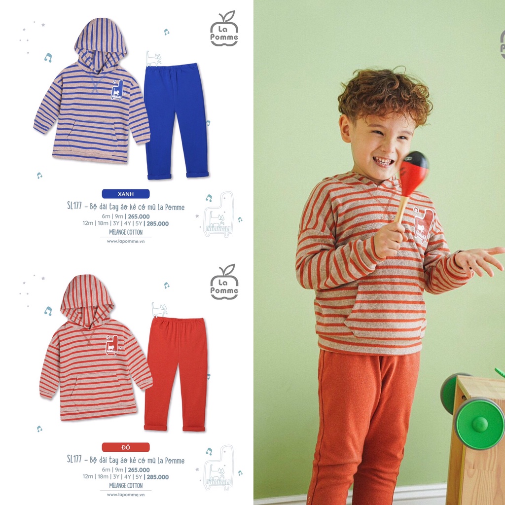 [CHÍNH HÃNG] Bộ dài tay áo dáng hoodie kẻ cotton mềm mại có mũ trẻ em La Pomme