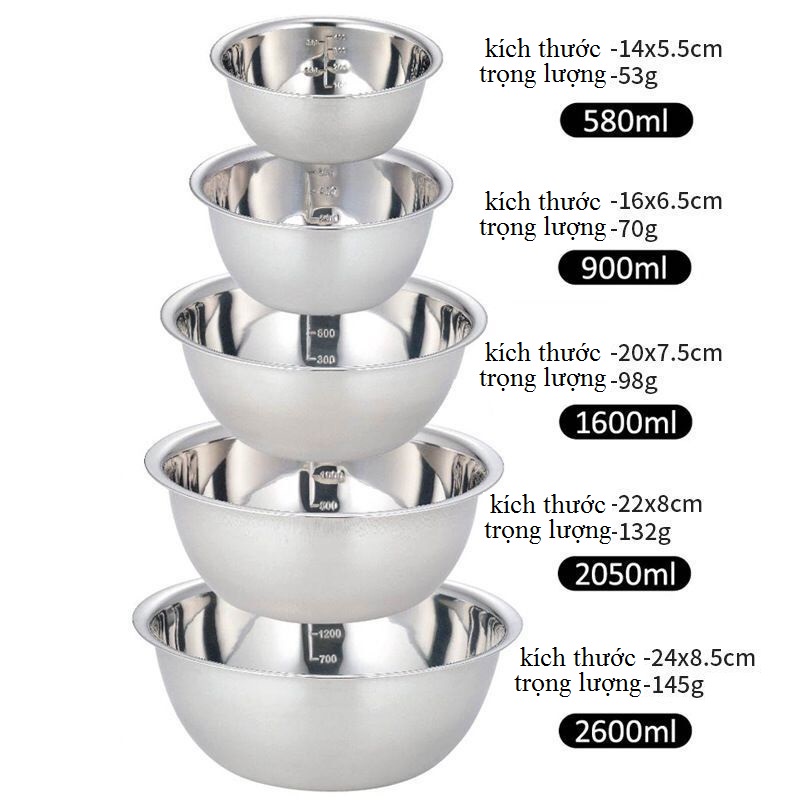 Set 5 tô inox có chia vạch đựng thức ăn đa năng - Thố trộn bột size 14cm - 16cm - 20cm -22cm - 24cm hàng loại 1