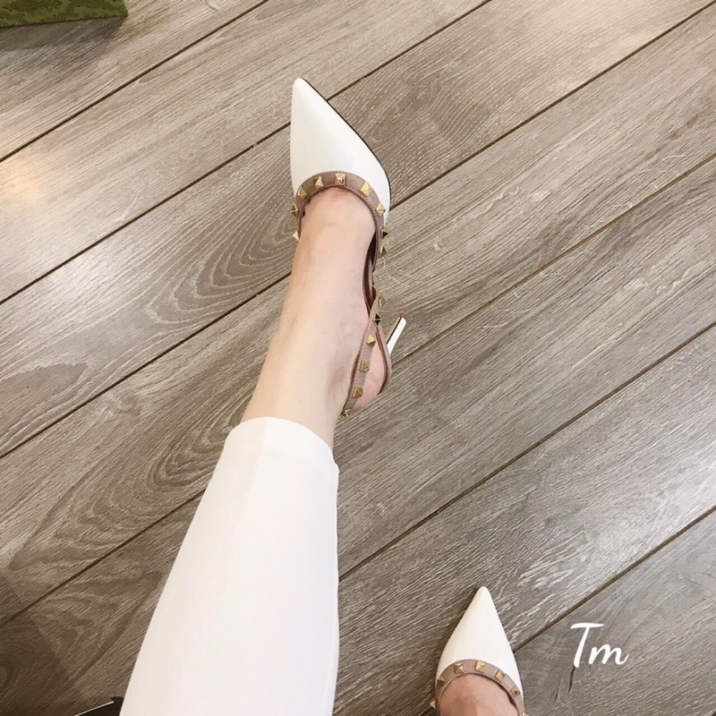 Giày sandal cao gót nữ mũi nhọn da bóng viền đinh gót nhọn 7cm sang chảnh