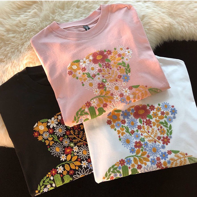 Áo thun nữ phom rộng dấu quần tay lững chất thun cotton họa tiết được thêu xin xò giá rẻ