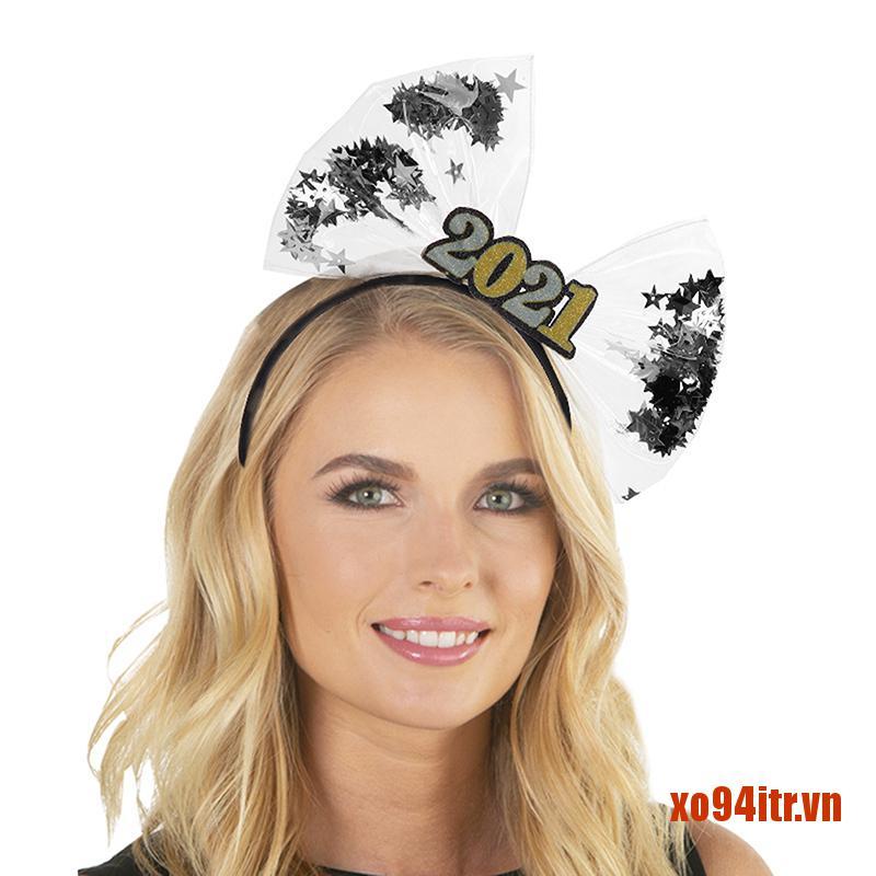 XOITR  Happy New Year Bow Headband 2021 Party Decor Photo Props Hair Hoop Accessor