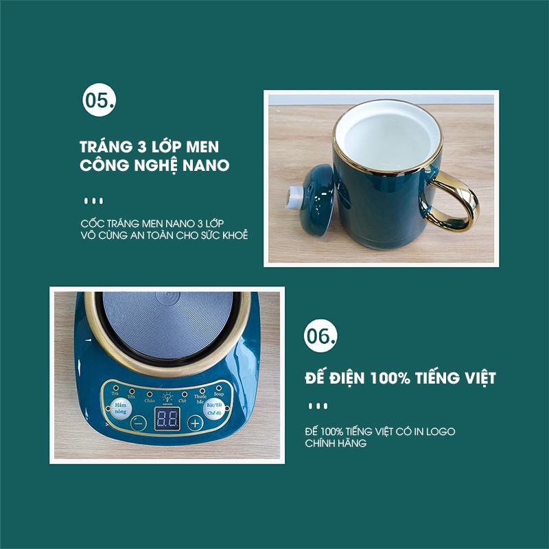 Cốc chưng yến 🍃 Cốc hầm đa năng bằng sứ tráng men nano 3 lớp có đế tiếng Việt logo UNDER1000K kèm hướng dẫn sử dụng