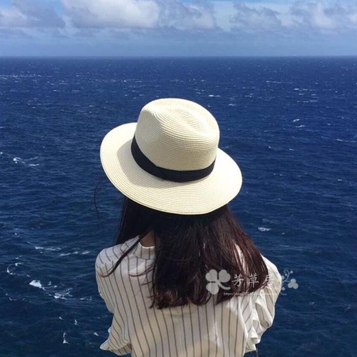Mũ phớt cói Fedora vành rộng viền đen - phong cách Unisex - thời trang đi biển