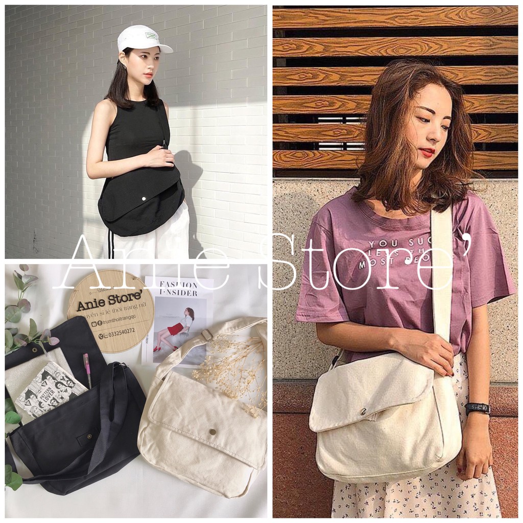 Túi Vải Nắp Lệch Đeo Chéo Nút Đồng 🦋 Túi Tote Chéo Vải Canvas Dáng Unisex 2 Màu 🦋