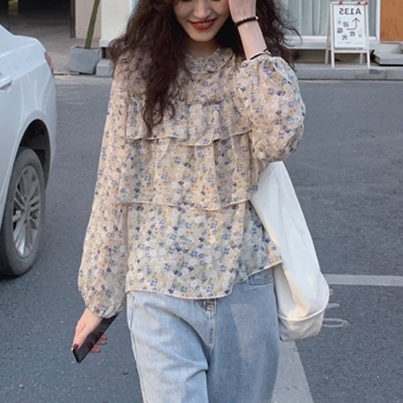 Xiaozhainv Long-sleeved sunscreen top Korean style small fresh floral lotus leaf chiffon shirt