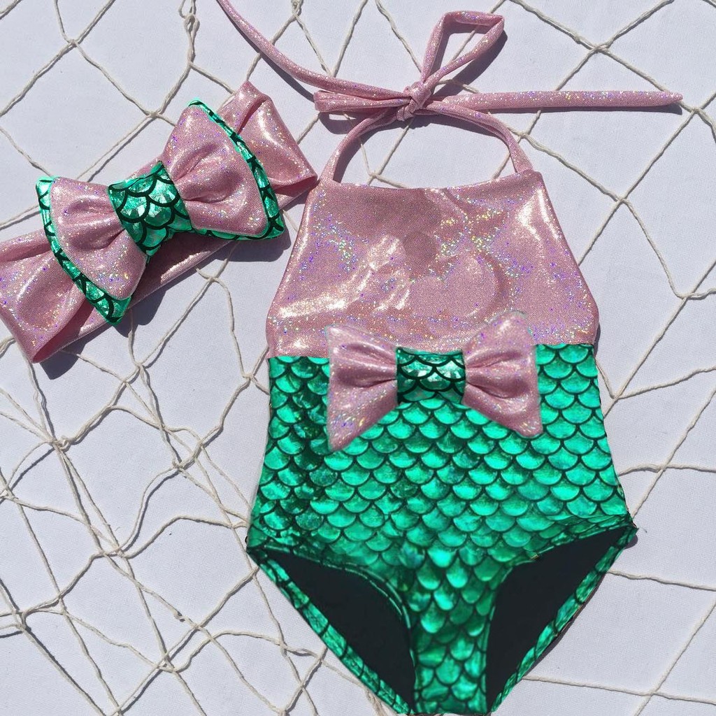 ღ♛ღGirls Kids Mermaid Fancy Bow Sequins Swimmable 2pcs Bikini Set Swimwear Swimsuit