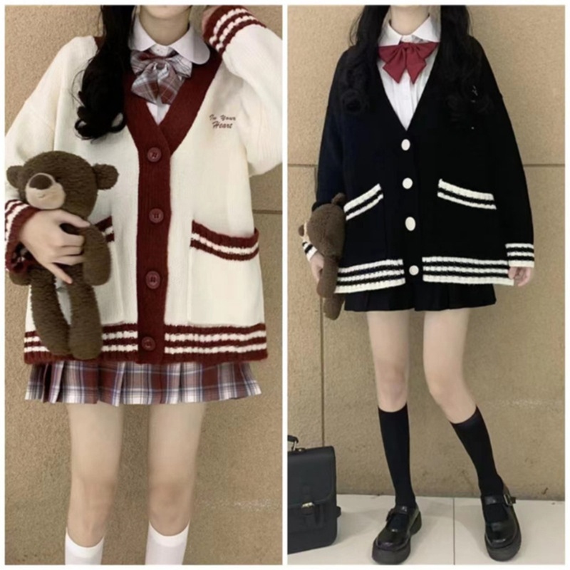 Áo Khoác Cardigan Dệt Kim Tay Dài Dáng Rộng Kẻ Sọc Phối Nút Dễ Thương Cho Nữ