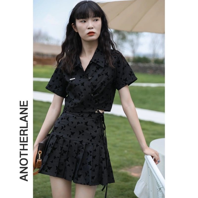 Set áo + váy xếp ly hai mảnh của phụ nữ mùa hè Retro Pháp