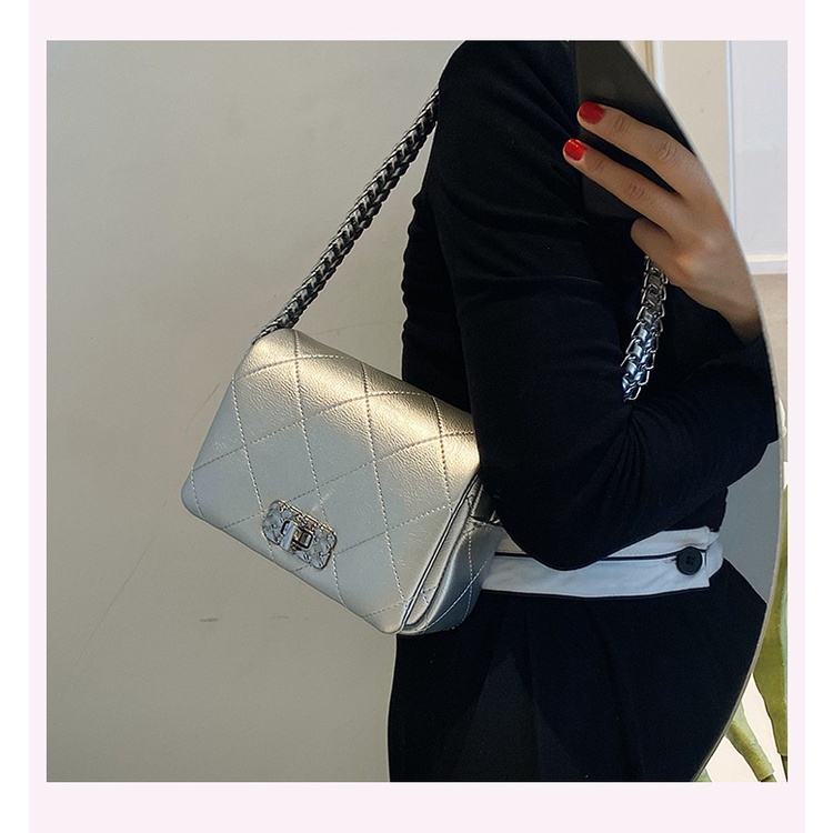 Túi Đeo Chéo Dáng Vuông Nhỏ Thêu Họa Tiết Kẻ Sọc Đính Đá Thời Trang Cho Nữ