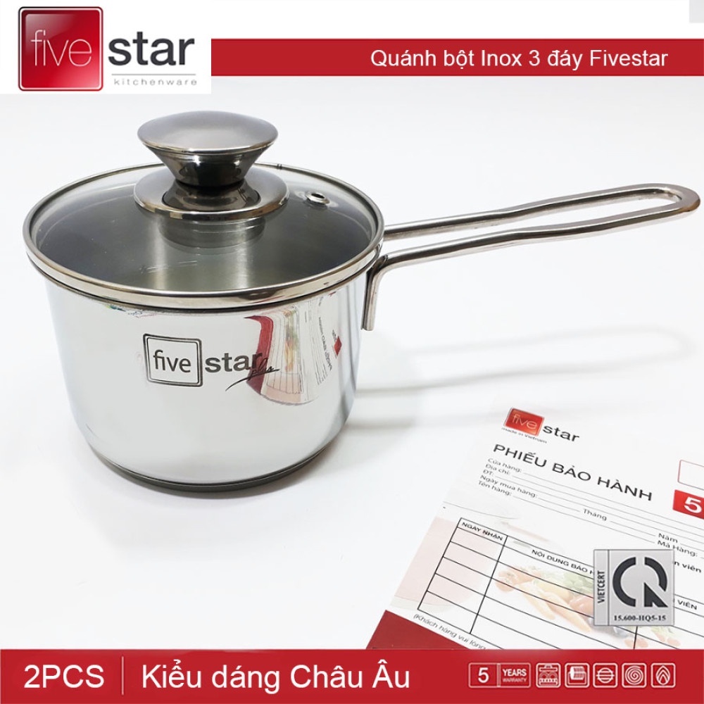 Nồi Quánh Inox Fivestar-3 Đáy-Nắp kính (đùng được bếp từ)-Nồi nấu bột 12-14-16cm,cao cấp,dày,đẹp,chính hãng,giá rẻ-BH 5N