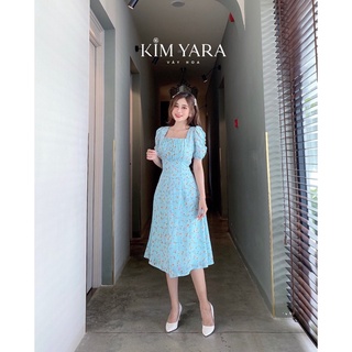 Đầm hoa cổ vuông xếp li nút bọc / xanh