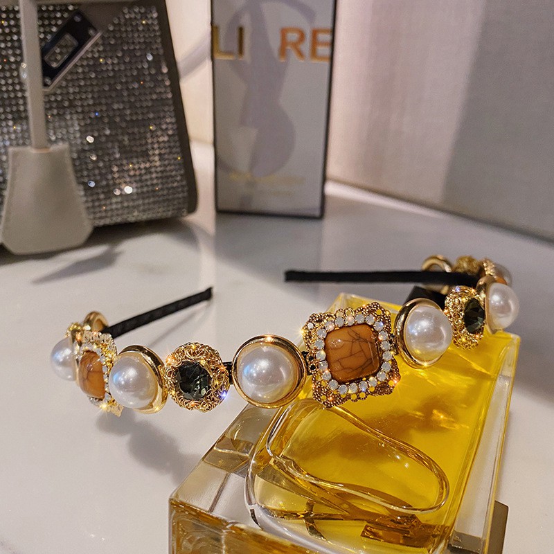 Băng đô tóc khảm đá thiên nhiên và ngọc, phong cách retro cổ đển_M1148