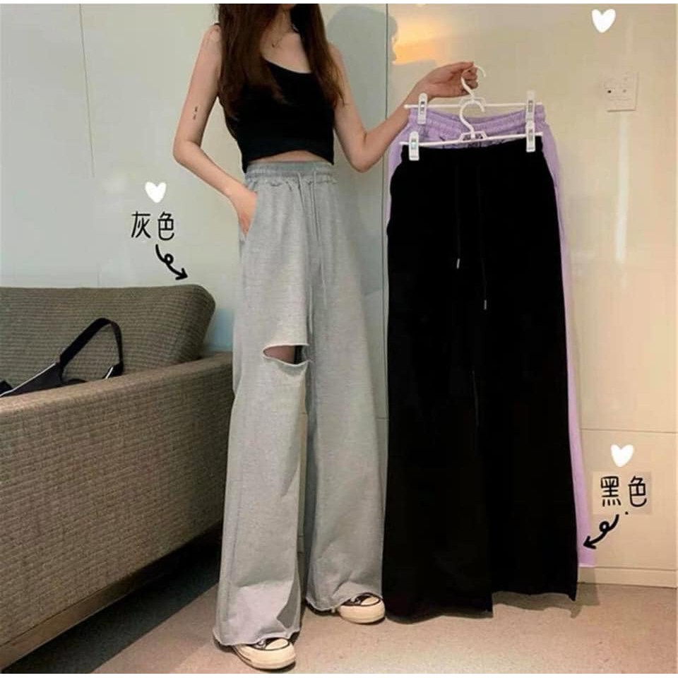 &lt; TẶNG GIẤY THƠM &gt; Quần Baggy suông rách gối - Vải Thun Hàn Quốc Chính Phẩm [ Form chuẩn UNISEX ]