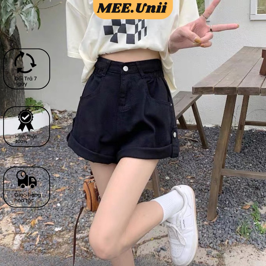 Quần short jean nữ ống rộng cạp cao MEE.Unii có chun eo, quần sooc bò kaki có cúc xắn hai gấu đen trắng