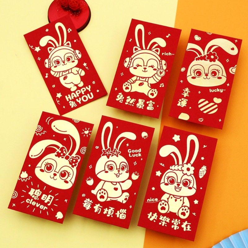Set 6 Thiệp Mời Đám Cưới / Sinh Nhật Hình Thỏ Năm Mới 2023 Phong Cách Trung Hoa