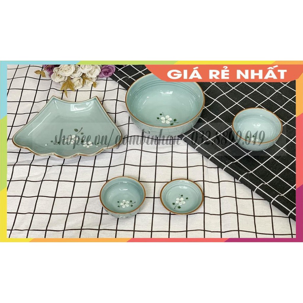 [GIÁ TỐT - BÁT ĐĨA ĐẸP] Bộ bát đĩa gốm sứ mặt trời - Bộ đồ ăn men xanh vẽ hoa đào trắng dáng độc đáo, chất lượng tốt!