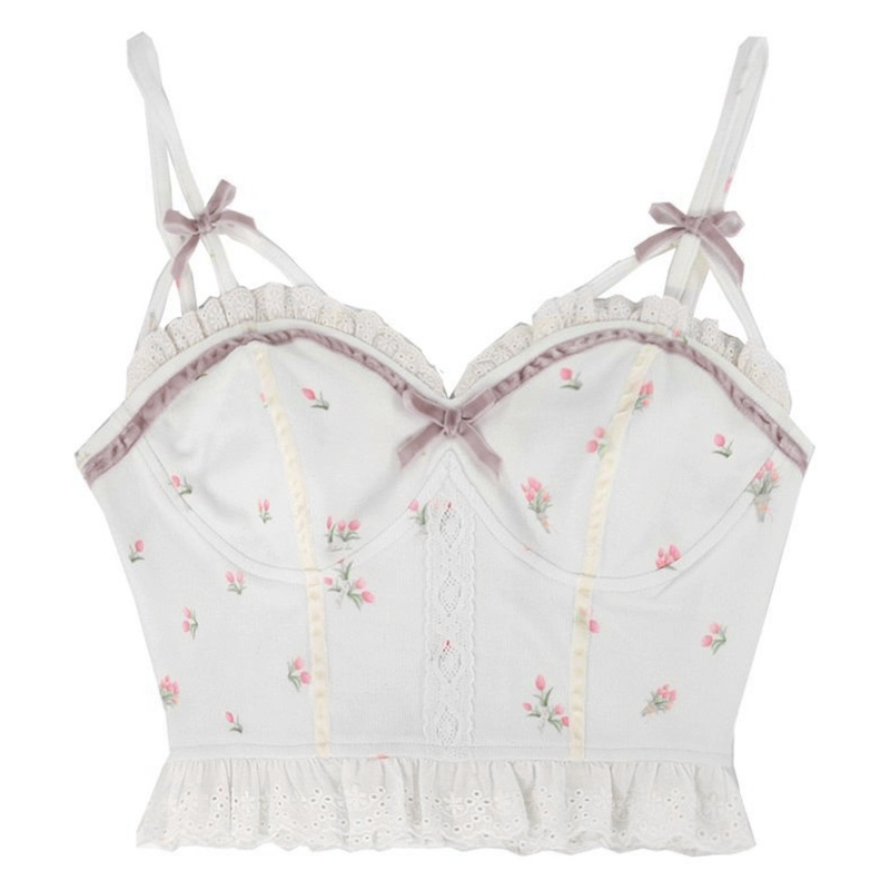 Áo Croptop Hai Dây Cột Nơ Họa Tiết Hoa Xinh Xắn Cho Nữ