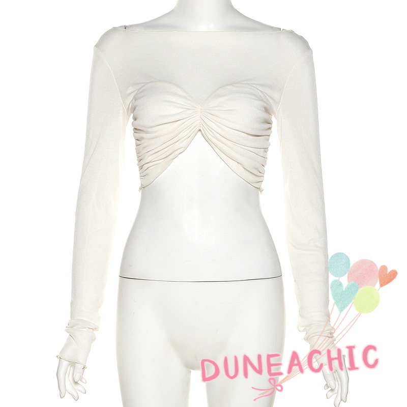DUNEA Áo croptop tay dài xếp ly quyến rũ cho nữ