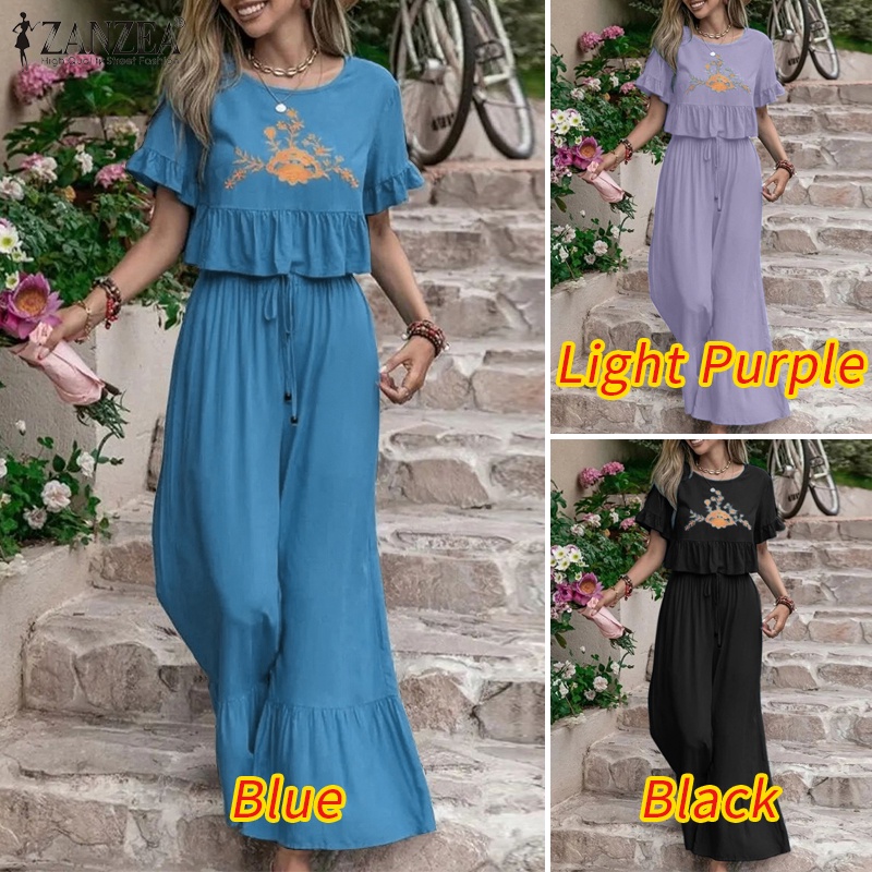 Set Zanzea gồm áo ngắn tay cổ tròn thêu họa tiết + quần ống rộng thời trang cho nữ