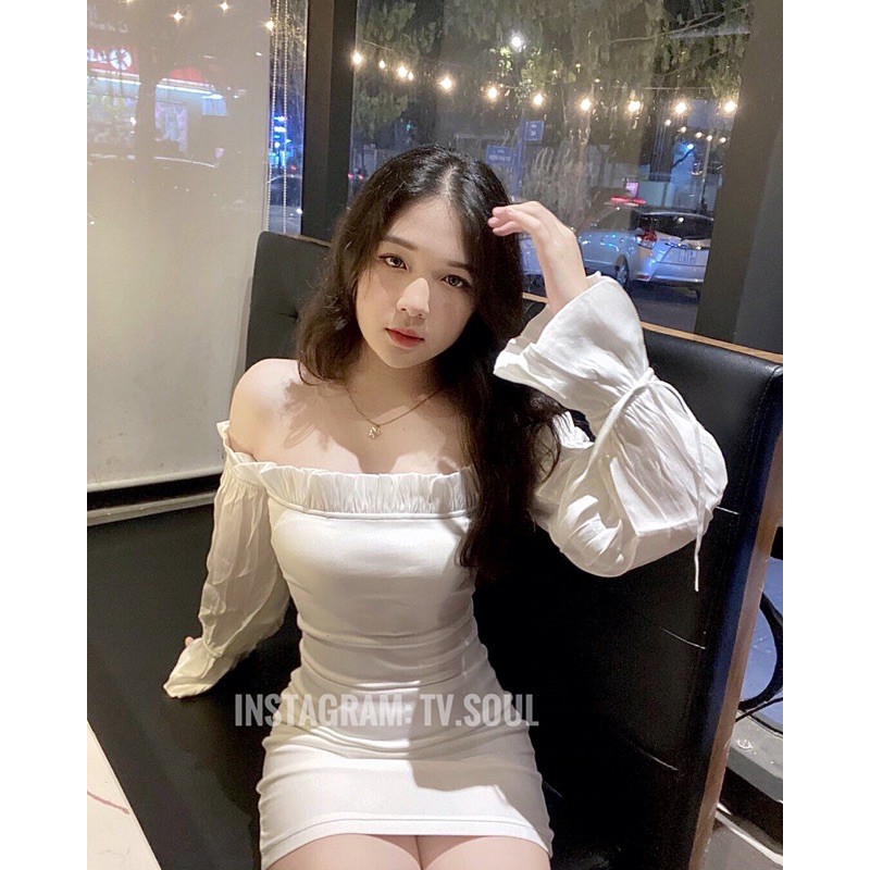 Đầm trễ vai tay lụa bóng