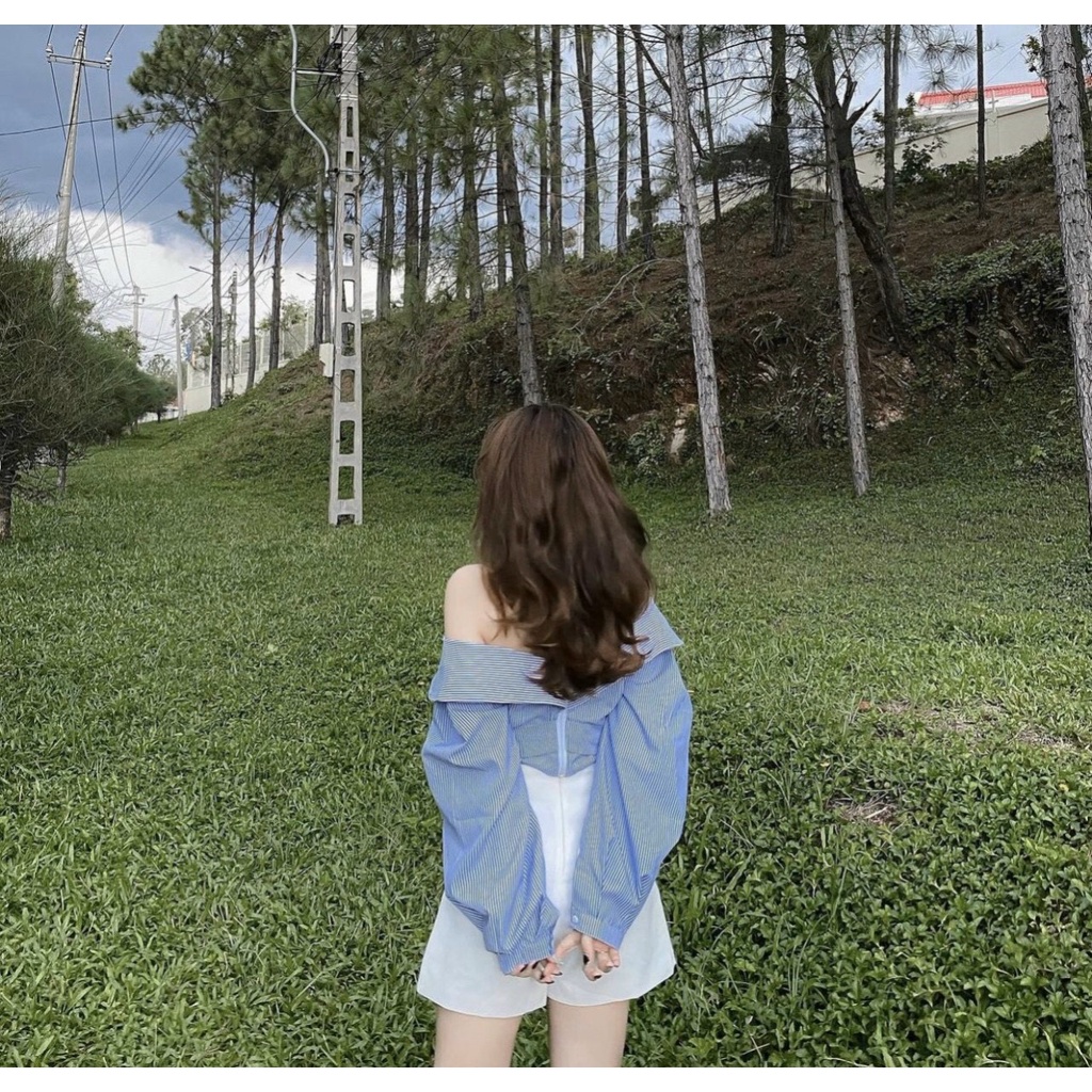 SET ÁO SỌC BẸT VAI + CHÂN VÁY NÚT TRẮNG