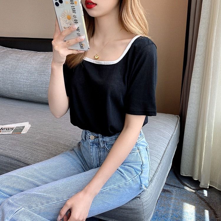 Áo thun BH ngắn tay cổ vuông màu trơn phong cách Hàn Quốc hợp thời trang cho nữ