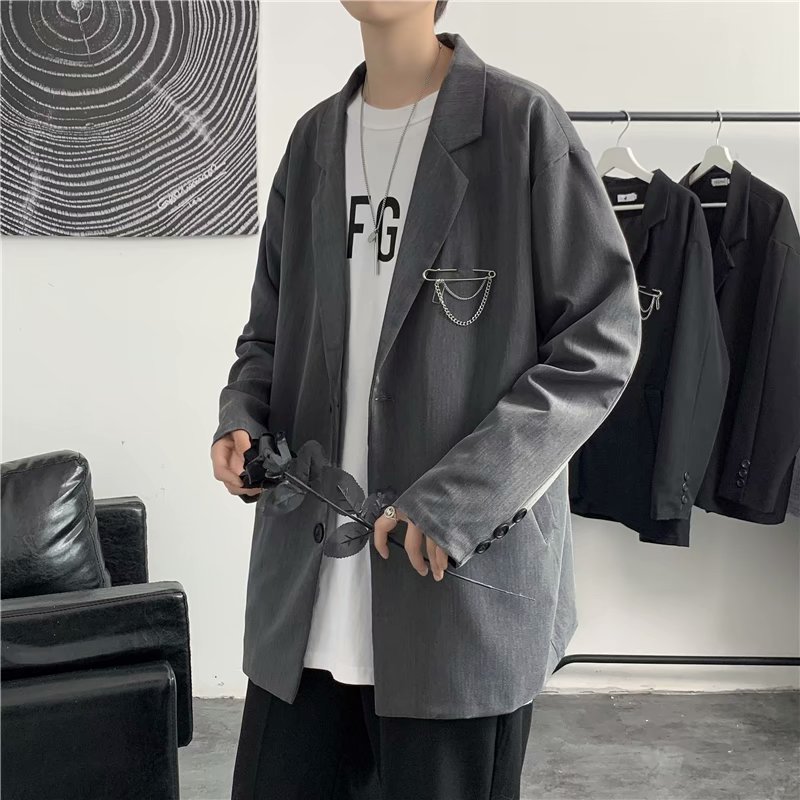 Tide brand brooch suit jacket men and women loose wild college British style thin casual suit ins tide Korean dk uniform thin section