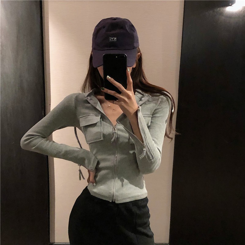 Áo khoác hoodie ngắn tay dài dáng ôm có mũ trùm đầu phong cách thời trang hàn quốc dành cho nữ