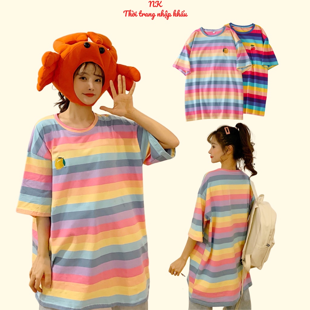 Áo thun nữ tay lỡ, form rộng mặc thoải mái giấu quần, hình sọc ngang 7 sắc cầu vồng, áo NK Shop nhập khẩu