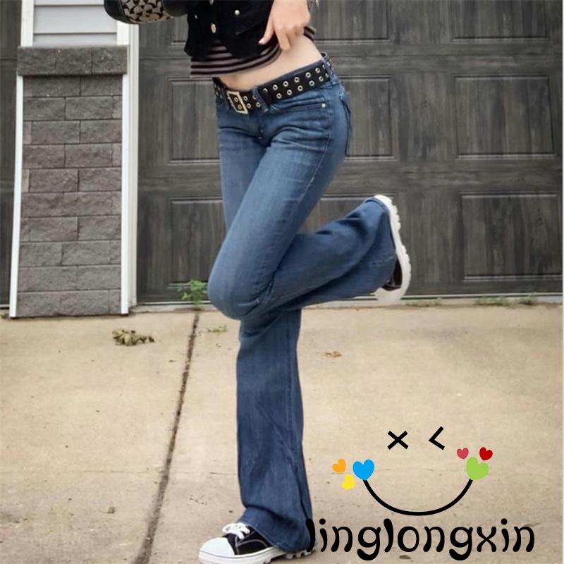 Quần Jean Ống Loe Cổ Điển Thời Trang Phong Cách Hàn Quốc Cho Nữ Linglongxi2-2000s y2k
