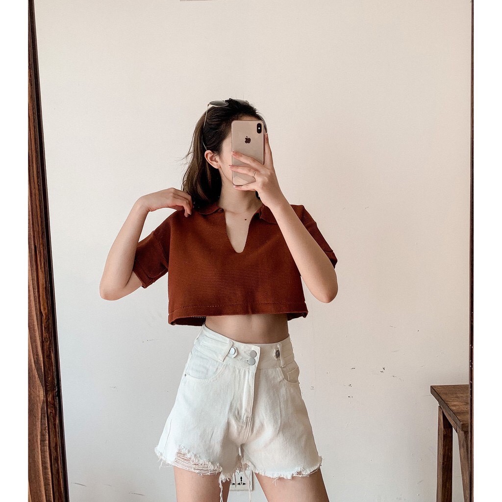 Áo Croptop Len Dáng Rộng Cổ V Phong Cách Trẻ Trung Sành Điệu