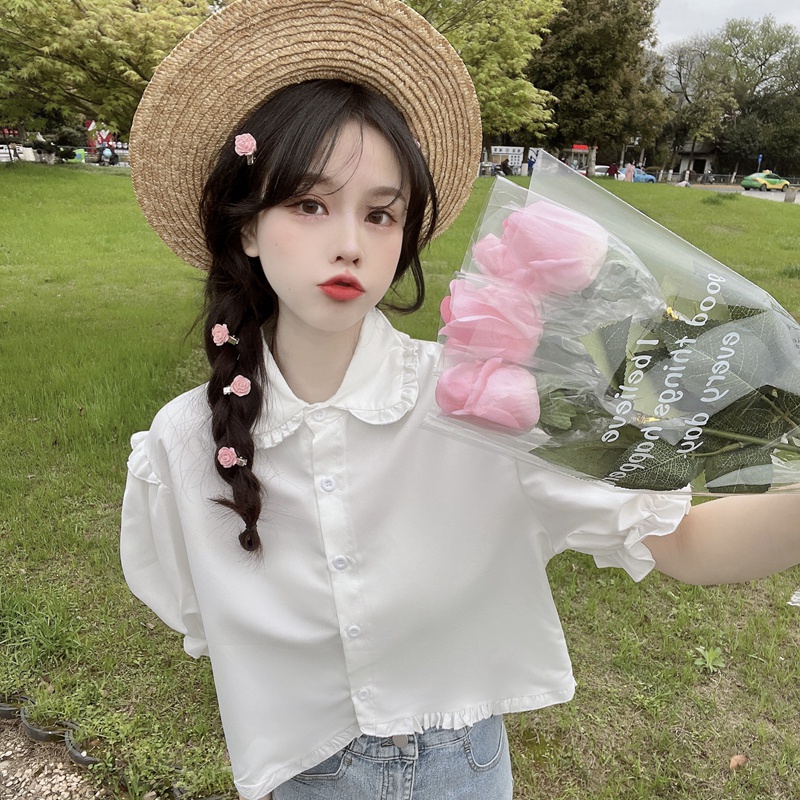 SUXI Áo Sơ Mi Tay Ngắn Cổ Búp Bê Màu Sắc Đơn Giản Thời Trang Mùa Hè Xinh Xắn Cho Nữ