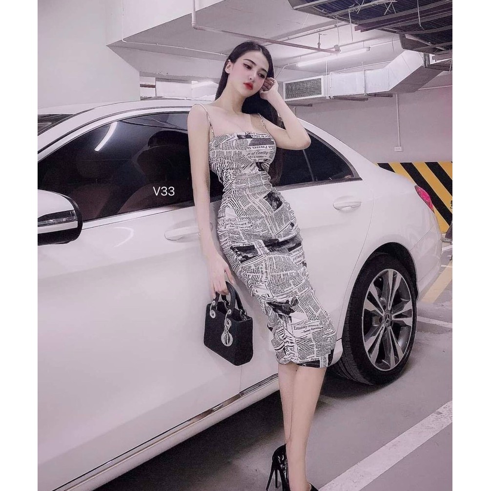 Váy đầm nữ body hai dây họa tiết chữ (có mút) HT56