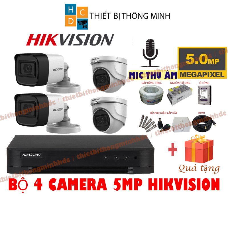 Bộ camera Hikvision 5mp 4 mắt chính hãng tích hợp mic thu âm chất lượng 2K+ tặng đầy đủ phụ kiện