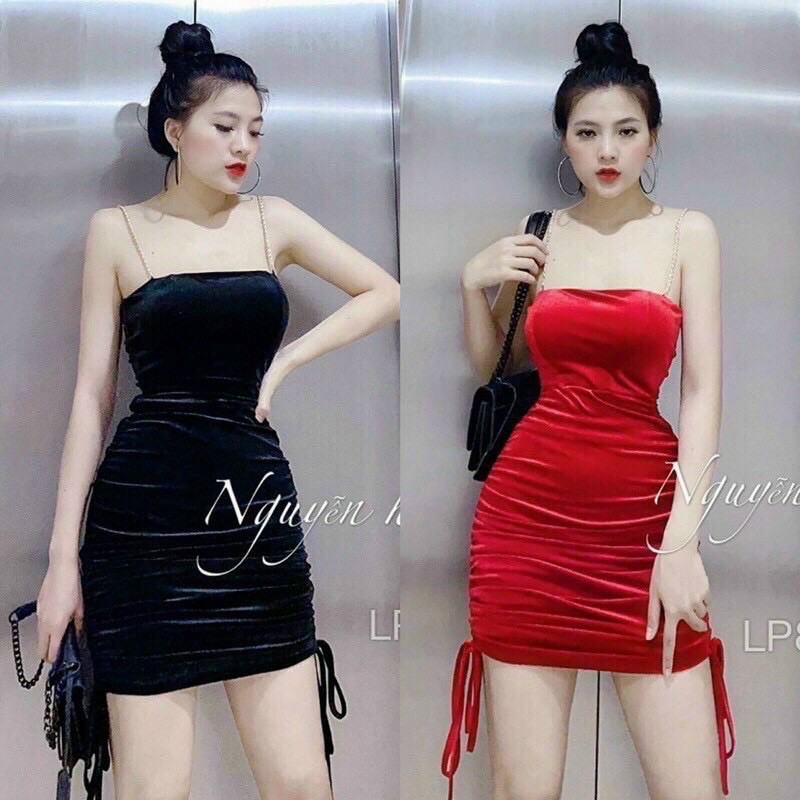 đầm nhung 2 dây xích dây rút