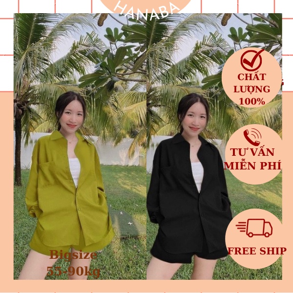 Set bộ sơ mi tay dài quần đùi nữ bigsize tặng kèm áo 2 dây màu đen vàng xanh nâu 50-100kg hanaba