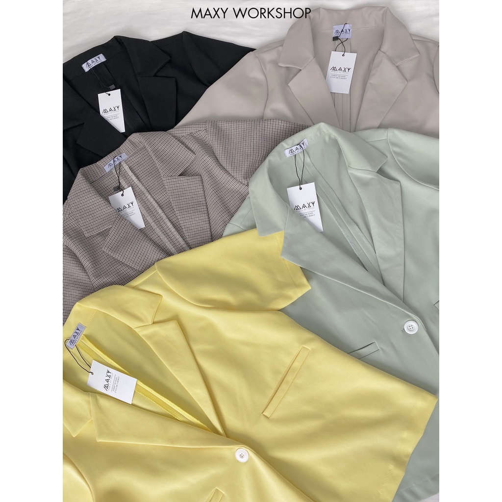 Áo blazer nữ ngắn tay có túi sọc Trendy short blazer check brown Maxy Workshop
