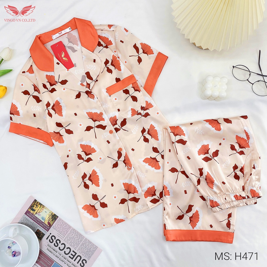 Đồ bộ nữ mặc nhà pijama lụa Pháp mềm mát VINGO thiết kế tay cộc quần lửng họa tiết hoa cúc tinh tế mặc mùa hè H471 VNGO